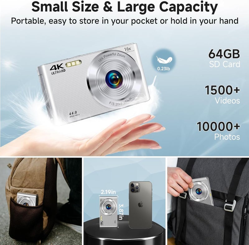 SMARTKLIK Digital Camera, 2025 4K 44MP Autofocus Digital Cameras for Teens, Silver Point and Shoot Camera for Kids with 16X Zoom, 64GB SD Card, Compact Small for Boys Girls Teens Kids Gift - Image 5